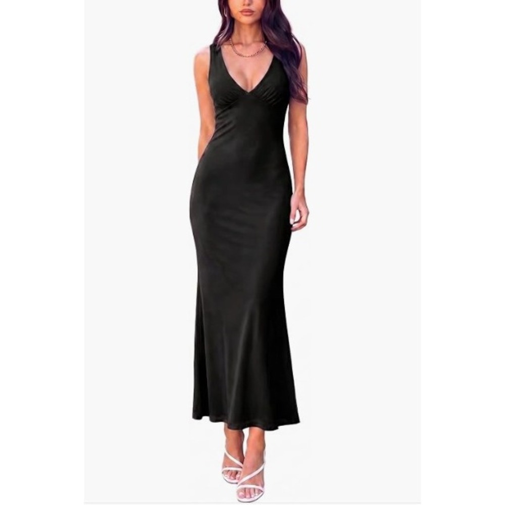 Black V Neck Sleeveless Mesh Overlay Stretchy Maxi Dress Bodycon Size L